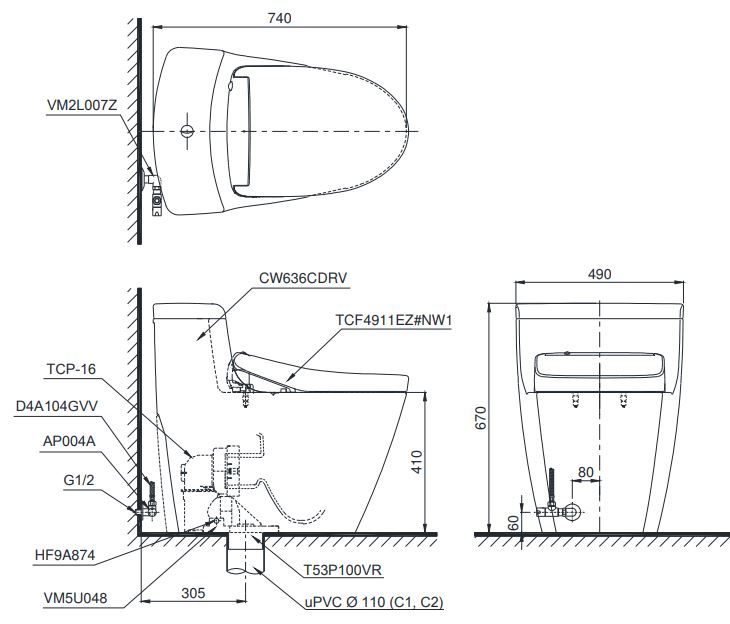 Bản vẽ - Bàn Cầu Một Khối ToTo MS636CDRW12